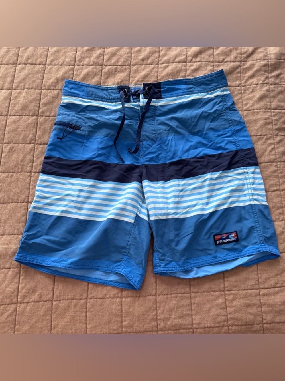 Patagonia Men’s Blue Multi-Stripe Wavefarer Swim Board Shorts